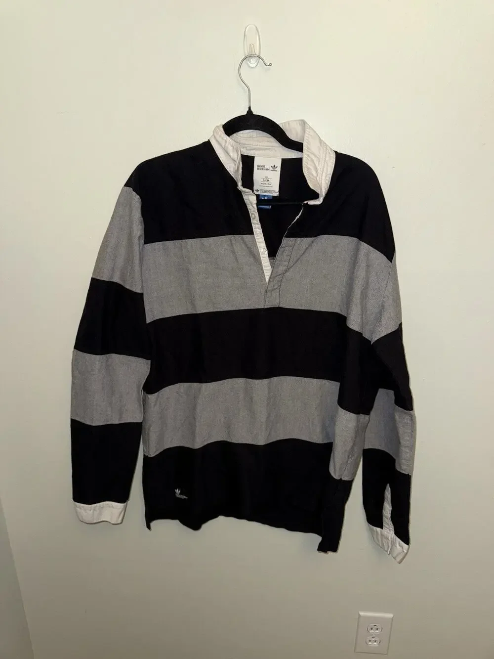 Adidas Shirt Mens L Striped Cotton Long Sleeve David Beckham Rugby Polo
